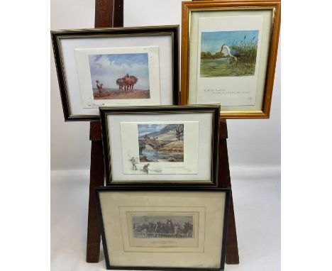 A lot of Four framed prints and cards after Snaffles, Includes horse print titled 'The First Hundred Thousand'