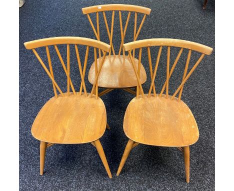 A Lot of three vintage Ercol Candlestick Lattice elm wood chairs. 