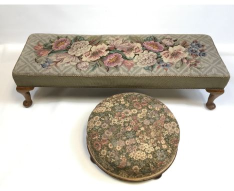 Antique circular floral tapestry topped foot stool together with a long antique tapestry top foot stool. 