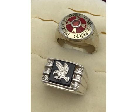 Two large Gent's 925 silver and 925 silver gilt rings. Lord of the Rings Dwarven ring of power with red stone setting, The ot