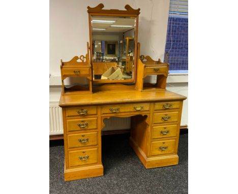 Antique light oak dressing table chest fitted with a  mirror and drawers to the top section.  [166x122x56cm] 