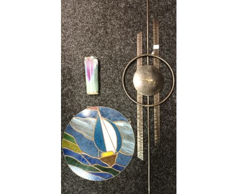 A stainglass window panel hanger, studio pottery vase and Designed and Forged wall clock by Paul Margetts- blacksmith Sculpto