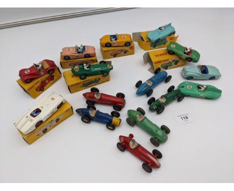 A collection of Dinky racing/sports vehicles, all play worn, some with boxes 