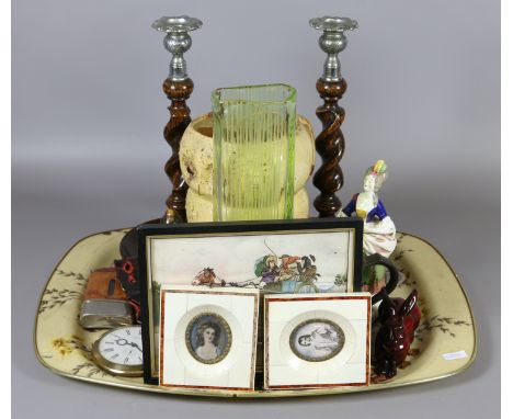 A tray of collectables including a pair of oak barleytwist candlesticks, Smiths Goliath watch, Cecil Aldin print and a pair o