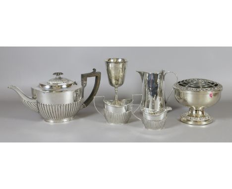 A lot of silver plated wares including a Martin, Hall & Co tea service, a Queens Silver Jubilee goblet and a rose bowl, etc.