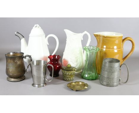 A small collection of pottery, china and glass to include Crown Devon preserve pot, ruby glass vase, pewter tankard, etc.