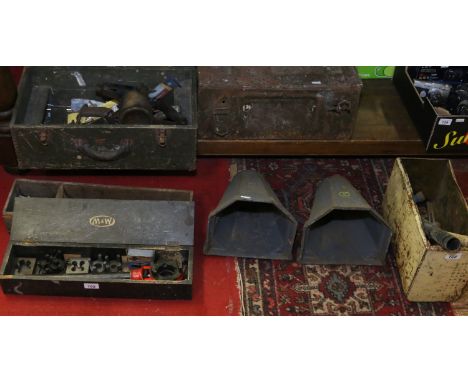 A collection of old tool boxes and contents to include brass blow lamp, Record rebate plane, Moore & Wright tool box, stocks 
