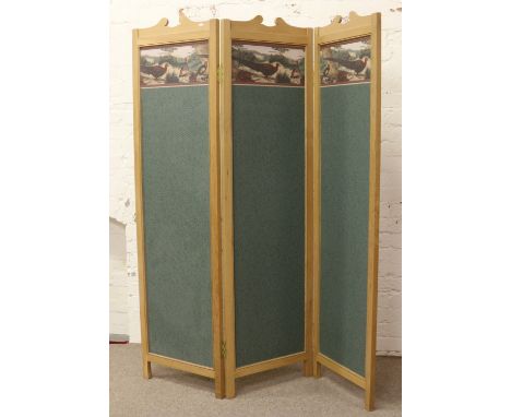 A light oak three fold dressing screen with pheasant and partridge decorated panels.