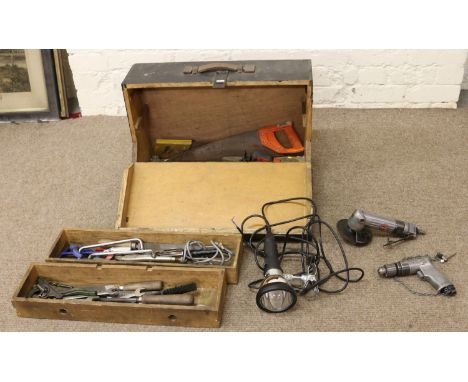 A fitted wooden tool box and contents of hand tools to include spanners and an air drill.