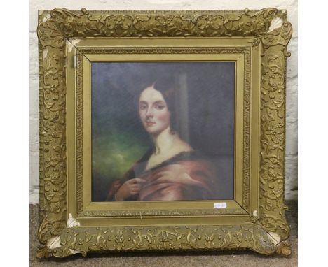 A gilt framed oil on canvas overpainted print portrait of a young woman.
