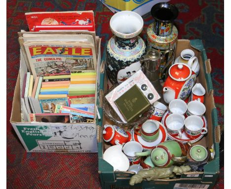 Two boxes of miscellaneous including Royal Worcester, soapstone figurine, commemorative glassware, books of postcards, retro 