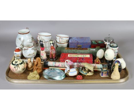 A tray lot of Oriental tourist ware to include an eggshell tea service and chopsticks.