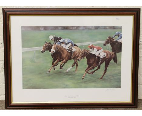 A framed 1985 1000 Guineas racing print 'Oh So Sharp' signed by the artist Peter Mailer Yates 70 of a Limited Edition of 850 