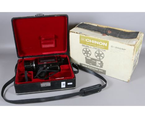 A cased Chinon Deluxe Super 8 camera and a boxed Chinon Synchro sound dual 8mm projector.