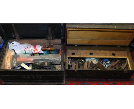 Two old pine tool chests and contents of tools.
