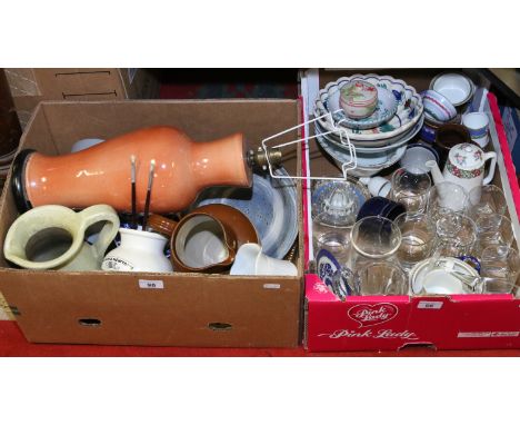 Two boxes of ceramics and glass including studio pottery, Quimper, Noritake and Royal Worcester, etc.