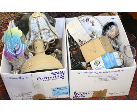 Two boxes of miscellaneous pottery, glass, electric heat lamp, tablelamp, cutlery and boxed drinking glasses, etc.