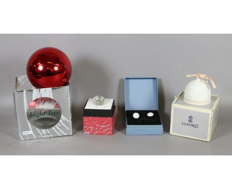 A boxed Light Tree Swatch novelty wristwatch, a boxed Lladro bell and cufflinks and a boxed crystal glass paperweight.