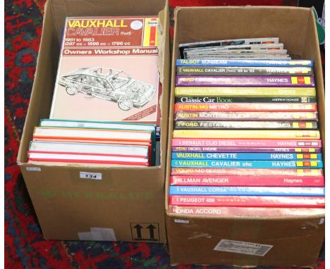 Two boxes of Haynes Automobile Manuals to include Vauxhall, Ford, Volvo, Talbot and Honda along with a collection of old Esso