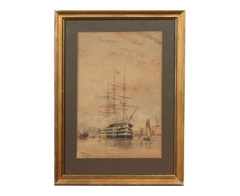 William Edward Atkins (1842-1910). Small gilt framed watercolour, H. M. S. Victory and smaller vessels. Signed and dated 08, 
