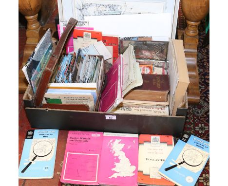 A box of ephemera to include various postcards, local maps and books, collectable vintage beer mats etc along with a framed e