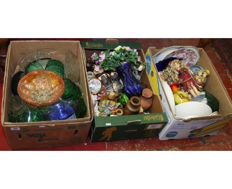 Three good boxes of mixed china and coloured glass to include Goebel examples.