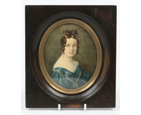 An early Victorian framed watercolour portrait miniature of a woman with ringlets and wearing a blue dress, 14.5cm x 11.5cm. 