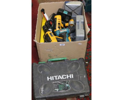 A box of assorted power tools, etc.