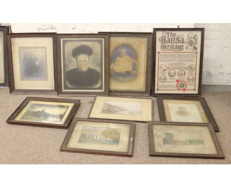 Three framed English School watercolours, a collection of oak framed monochrome portrait photographs and a collection of mode