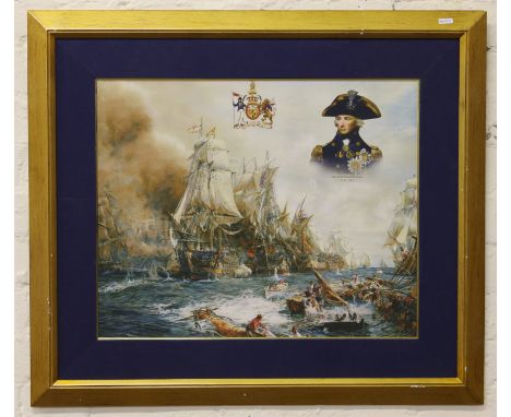 A commemorative Royal Navy print on canvas 'Vice-Admiral Horatio Nelson 1758-1805'.