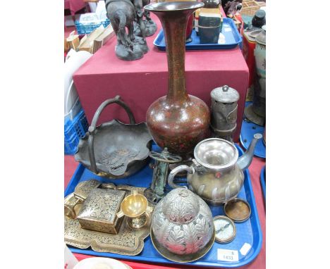 Thomas &amp; Williams Miners Lamp, 21cm high, Beneres brass trinket tray, compass, basket, other metalware:- One Tray