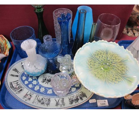 Yellow and Vaseline Glass Tazza, Caithness Humming Bird, other glassware:- One Tray.TAZZA WITH SURFACE SCRATCHES AND CHIP TO 