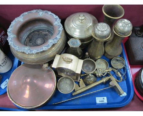 Brass items to include bowls, lidded box, vases, mantle clock, pan etc. 1 Tray