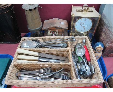 Miners Lamp, Kundo mantel clock, Swiss music box, cutlery, Russian Matryoshka doll, etc:- One Tray.