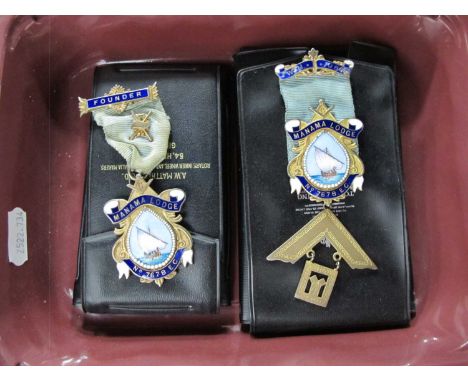 Masonic Medals in Silver and enamel, both for The Mamama Lodge, depicting Viking Longboat, one featuring 'Founder' bar. (2) [