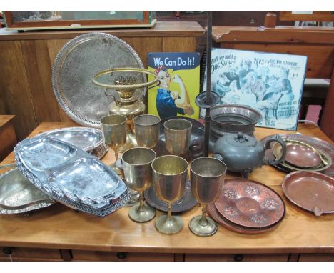 'JP' Beaten Copper Tray, 28.5cm diameter, other smaller, Hookah pipe, copper bowl, lamp, metal signs,etc:- One Box.Only one c