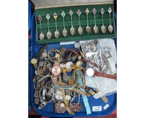 Ten Enamel Souvenir Spoons in Case, together with other assorted spoons, and assorted watches:- One Tray.