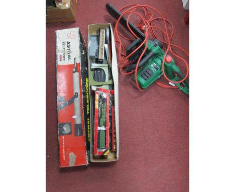Qualcast Electric Chainsaw (untested sold for parts only). and a box of model railway from Hornby and Triang. (2).