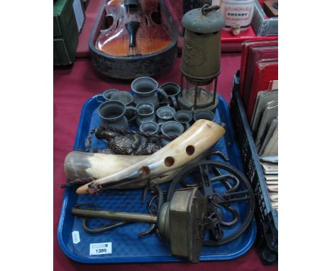 Wolf Safety Lamp, XIX Century pewter measures, brass fireside spit