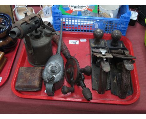 Tools - to include planes by Record and Anant, Valdor hand drill, vintage blow torch, and oil can also Estyma clock in case:-