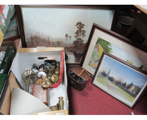 Binoculars 8 x 26, musical box, brassware, lamp, scissors, Wade figures, prints, watercolour, etc.