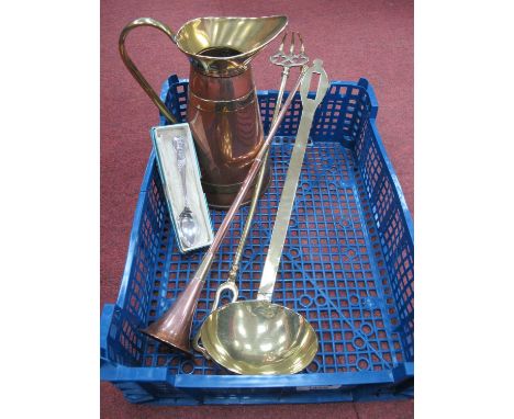 Copper and Brass Jug. brass ladle and toasting fork, copper horn, and Mayfield Valley spoon.