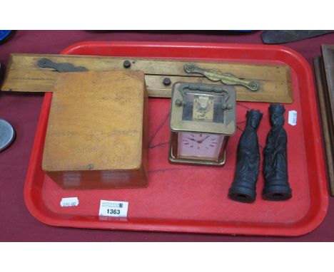 Wedgwood black basalt King and Queen chess pieces, a 'Capt Field's Improved Parallel' ruler, brass carriage clock and wooden 