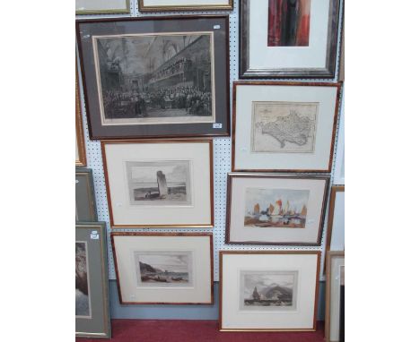 Aquatints of Lewis, North Devon &amp; Anglesea. Frank Shrewin print, map of Dorset, engraving of House of Lords interior. (6)