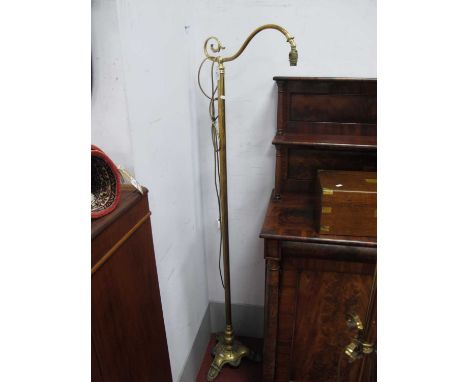 Brass Standard Lamp, with single scroll arm, triform base, paper label Heina. Schwerter - Menden, approximately 166cm high.