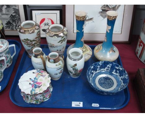 Pair of Japanese Noritake Vases, Oriental blue-white bowl, Oriental dressing table jar-cover, decorated with figures, etc:- O