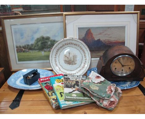 Rockey Coastal Scene At Sunset, watercolor, 25 x 39m. Terry Harrison cricket print, oak Westminster chimes mantle clock, thre