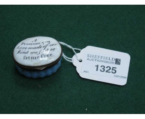 A Georgian Battersea / Bilston Type Enamel Patch Box, the hinged oval lid detailed "A Prisoner you have made of me Bind me fa