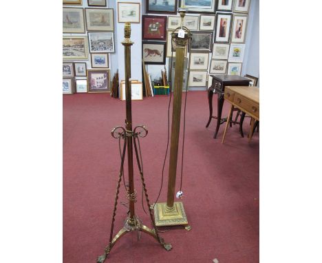 Brass Corinthian Column Standard lamp, on a square base, having paw fee, another triform (2).