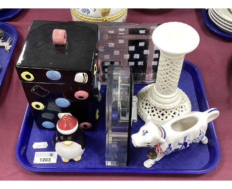 Dartington Crystal Mantel Clock, abstract glass paperweight, All Sorts jar, etc:- One Tray